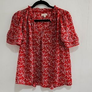 Max Studio Red flower blouse with puffy sleeves. NWOT Flamenco butterfly sleeves